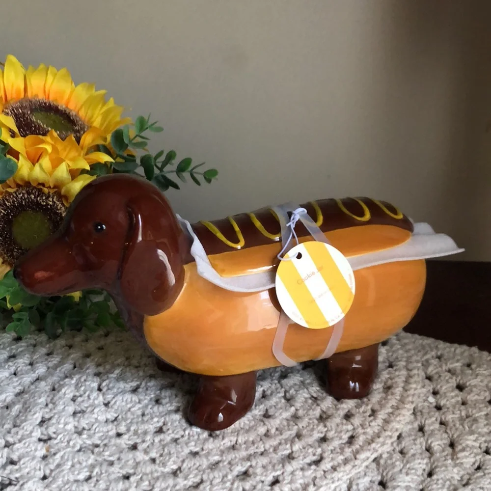 Dachshund Hot Dog Treat Cookie Jar - Brown and Yellow Ceramic